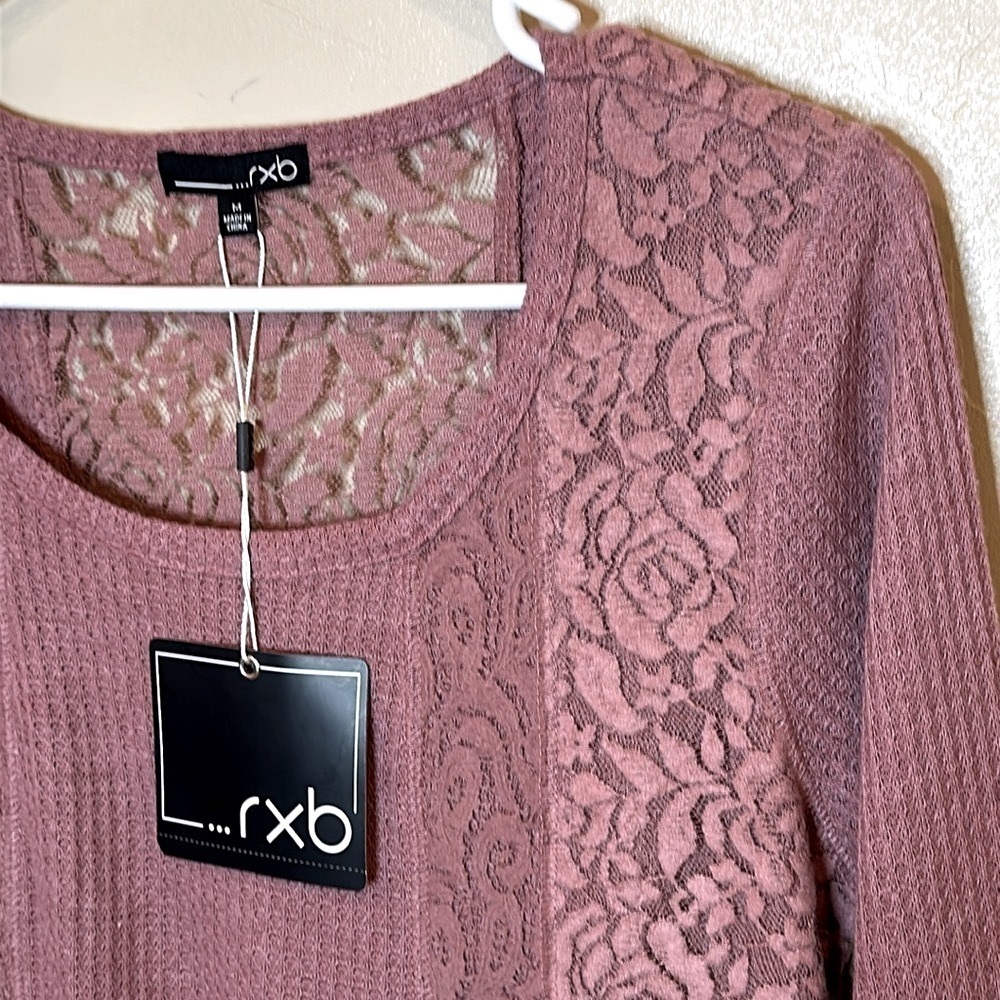 NWT Long sleeve waffle knit with lace trim Dusty Rose Womens Sz M $68 - Picture 7 of 12